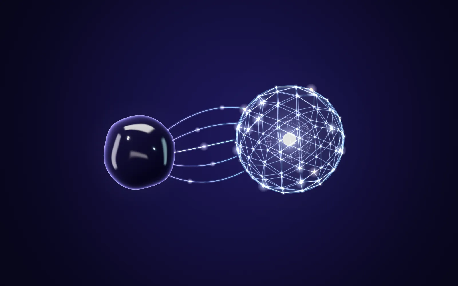 Glossy dark orb linked by light strands to a glowing neural lattice sphere