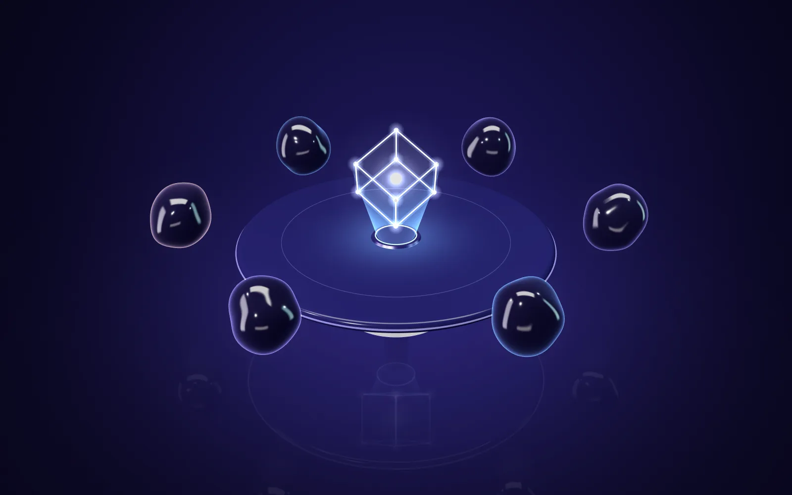 Six glossy dark orbs around a round table with a glowing hologram cube