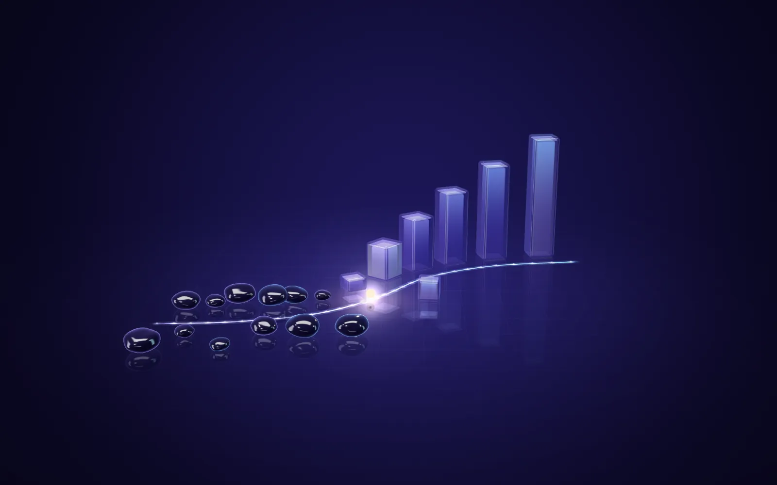 Bending light path where scattered dark pebbles turn into rising glass bar-chart columns