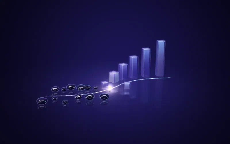 Bending light path where scattered dark pebbles turn into rising glass bar-chart columns
