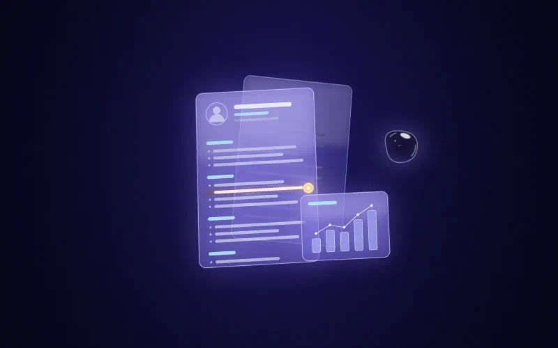 Frosted glass CV sheet with abstract text lines, one highlighted, beside a small glass bar chart card and a dark orb