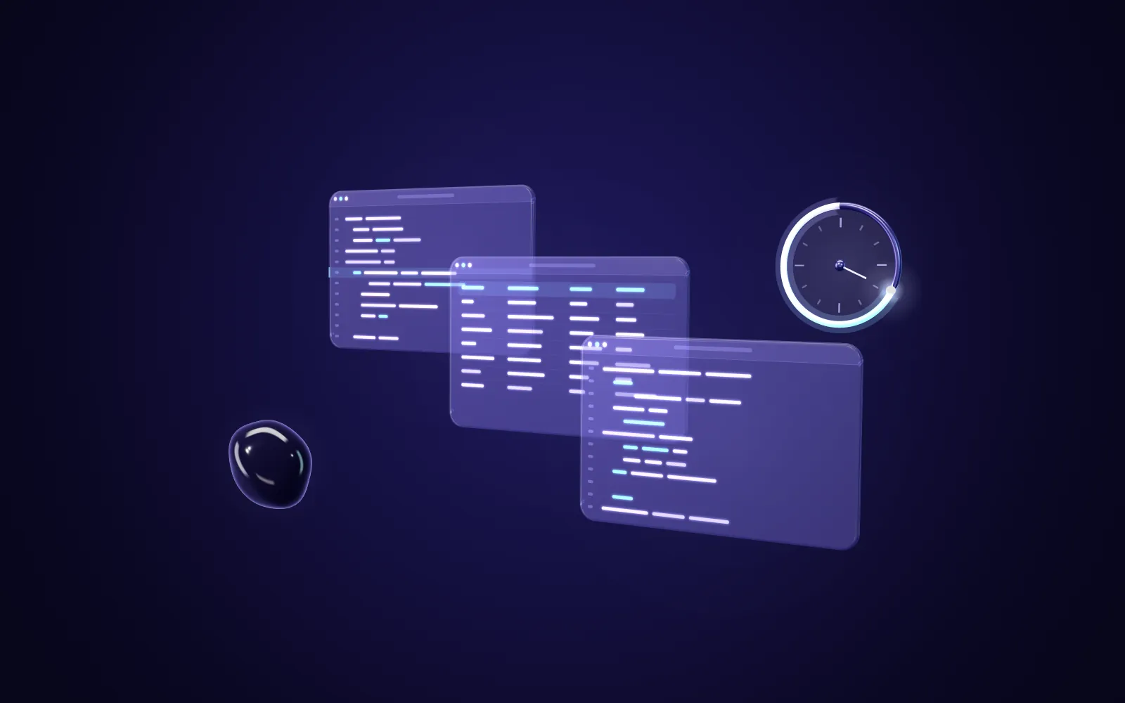 Three frosted glass code windows with a glowing ring timer and dark orb