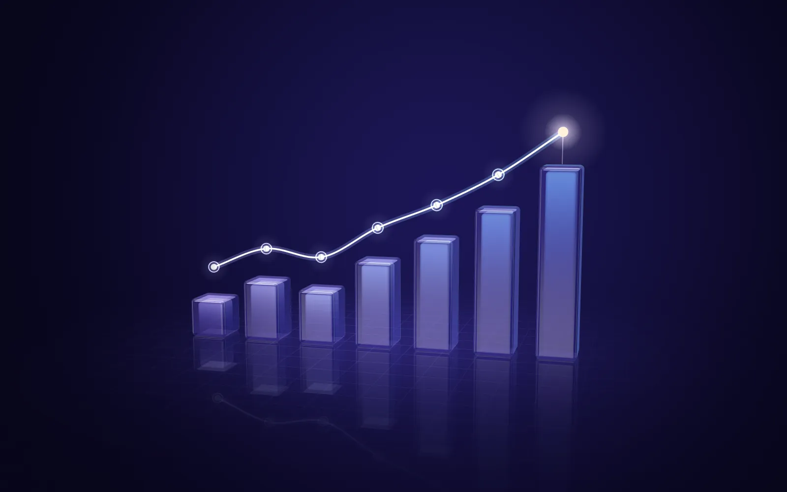 Glowing glass bar chart rising left to right, with a trend line above