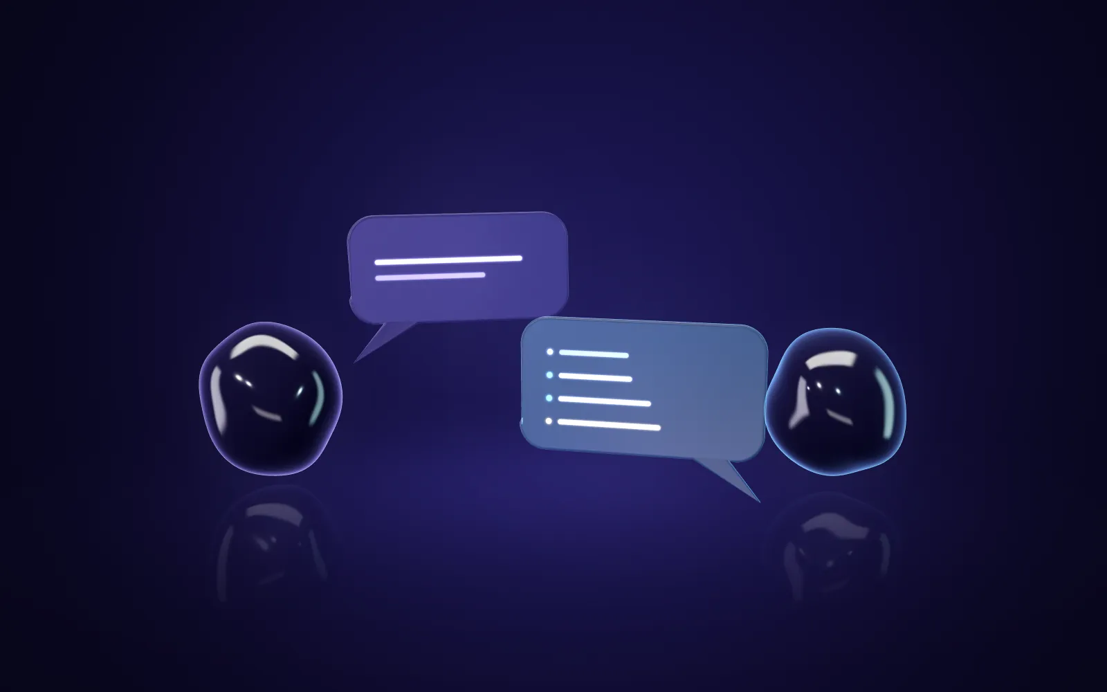Two glossy dark orbs facing each other with frosted glass speech bubbles between them