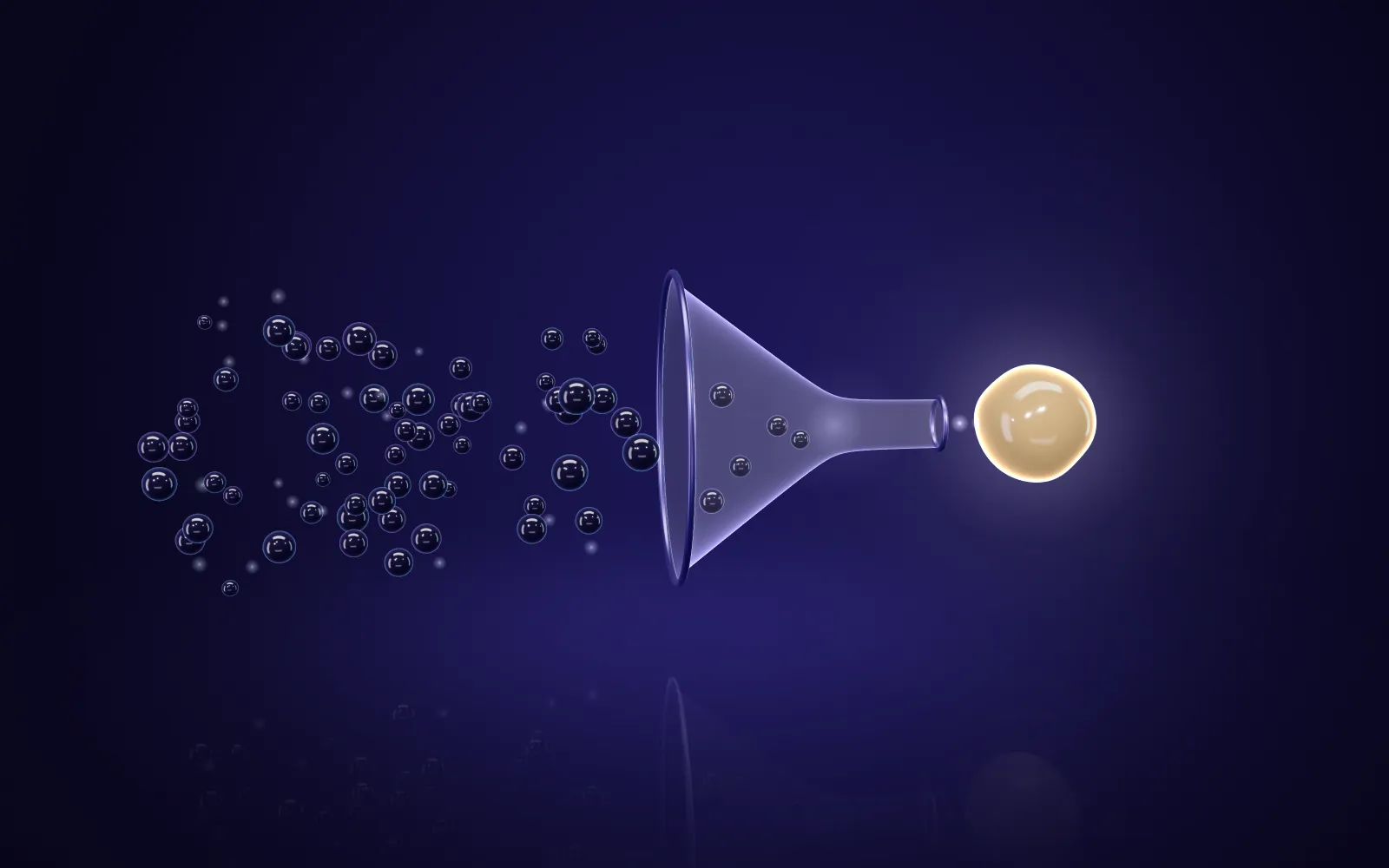 Many small spheres stream into a glass funnel, and one golden orb emerges