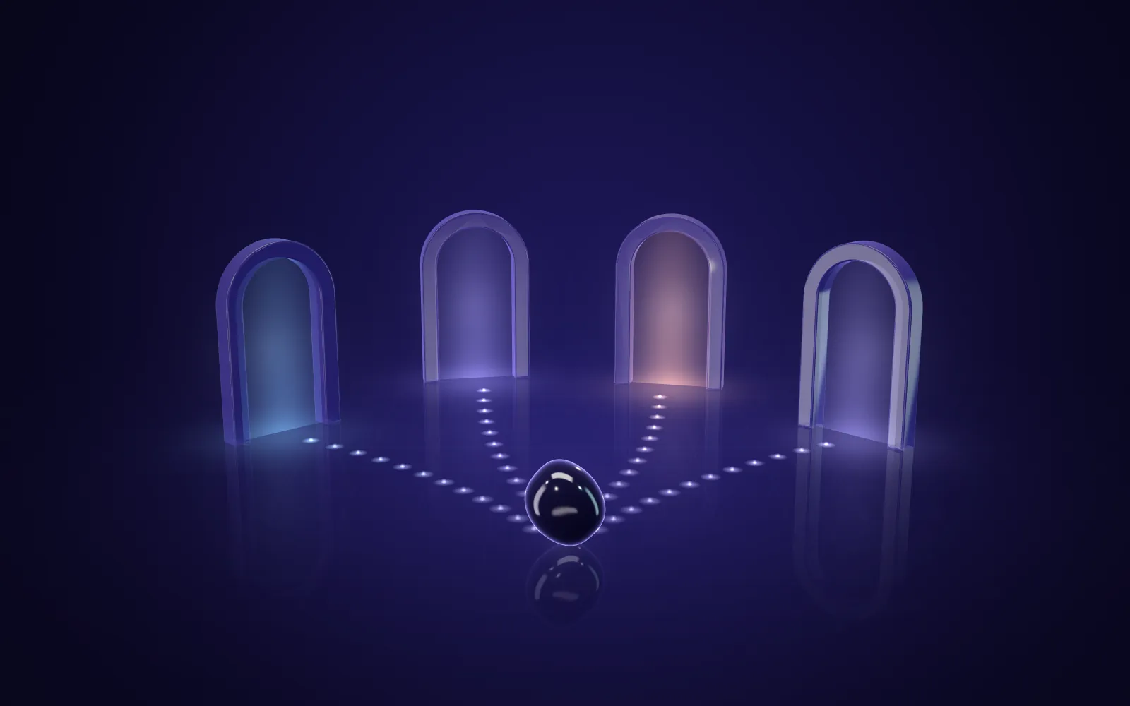 Dark orb at the centre of dotted light paths leading to four glowing glass archways