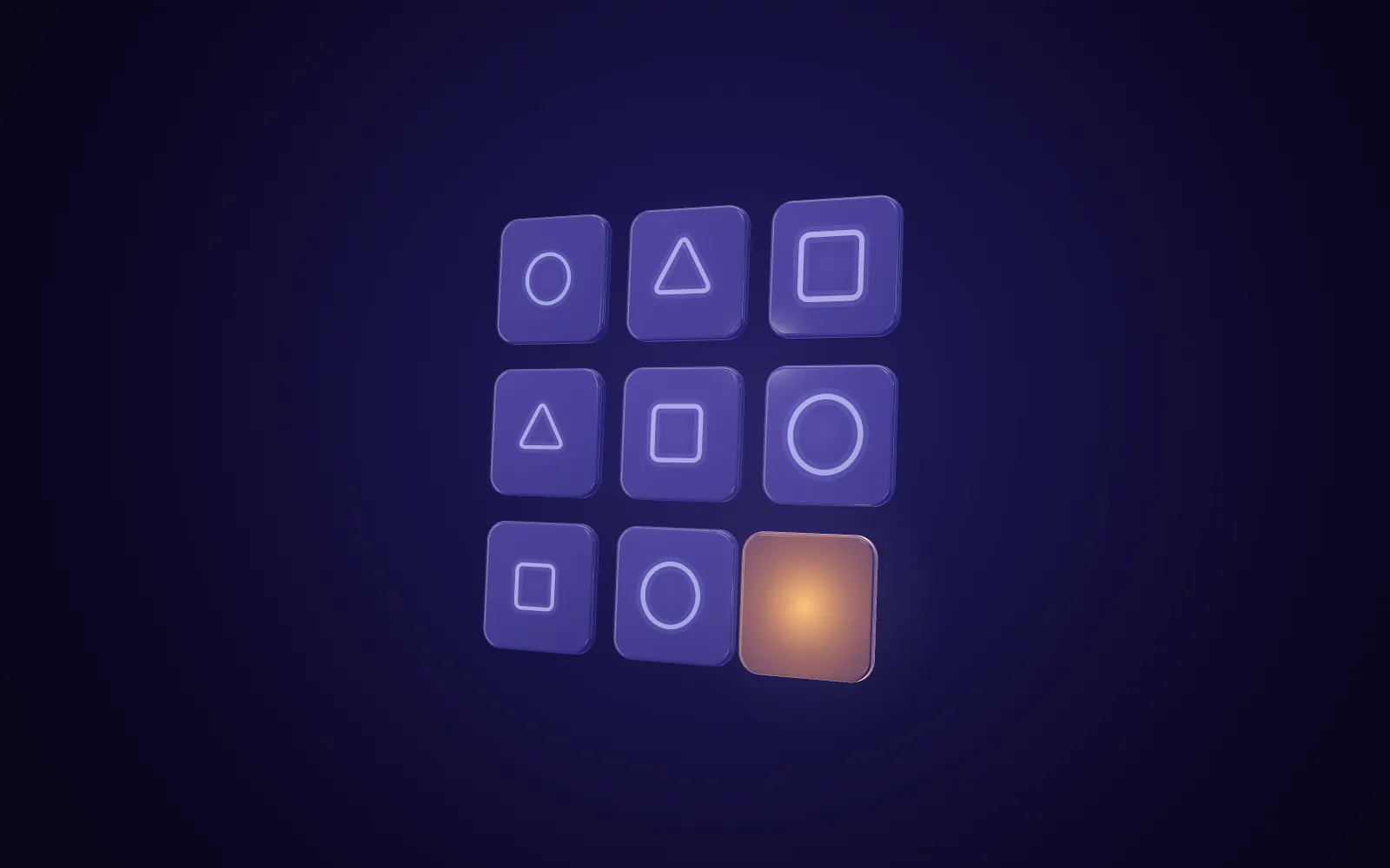 Grid of glass tiles with circle, triangle and square symbols, and one glowing golden empty tile