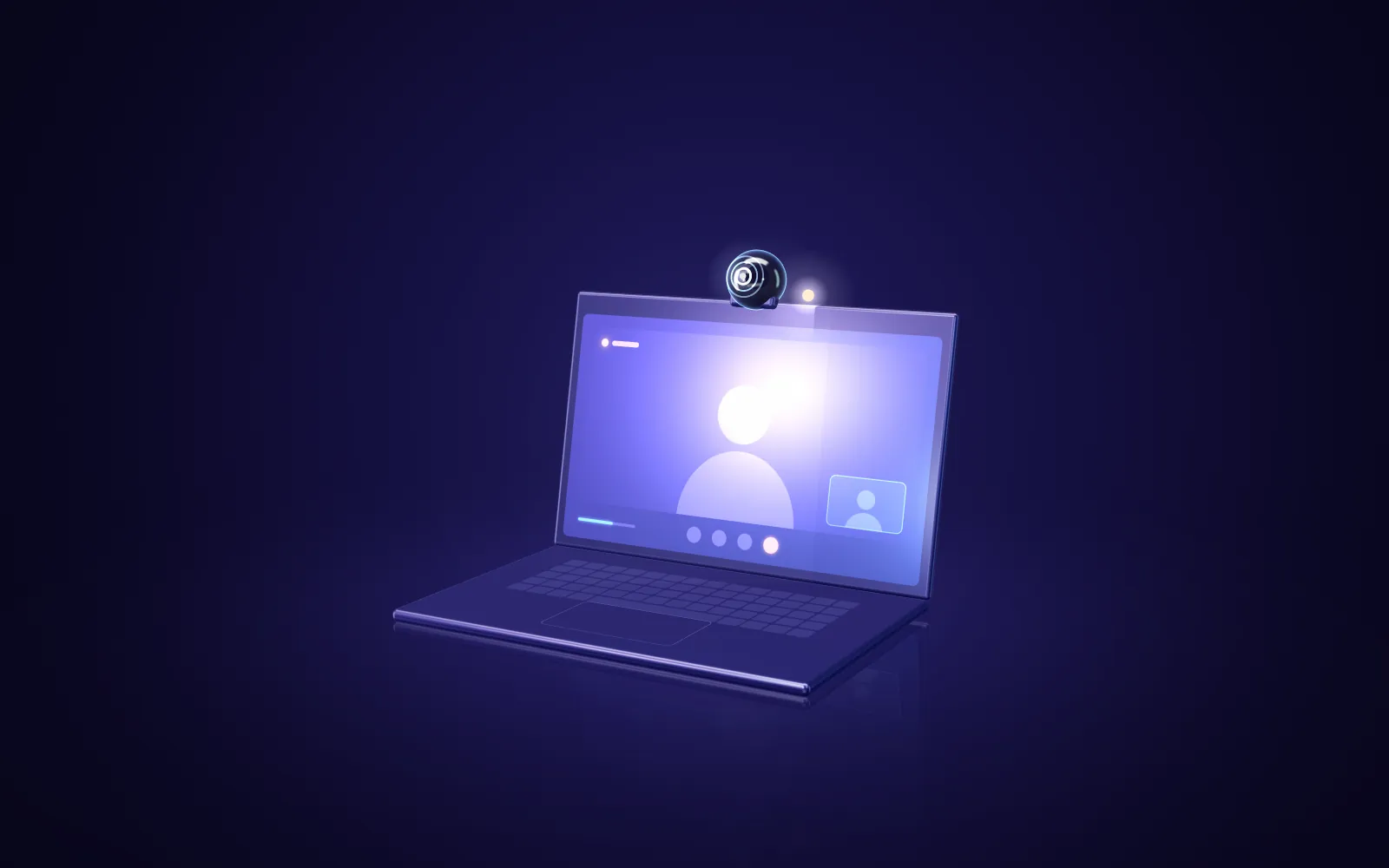 Laptop on a video call with a webcam lens orb and an amber recording light