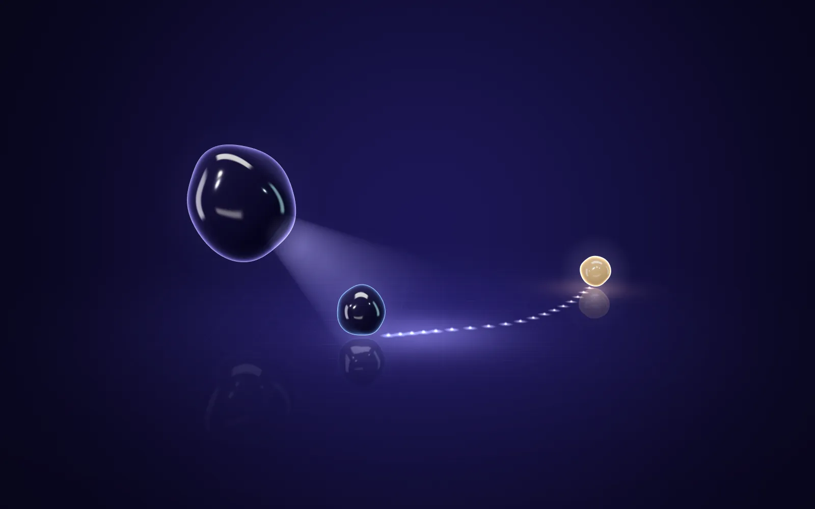 Large dark orb shining a soft beam on a smaller orb's dotted path to a golden light