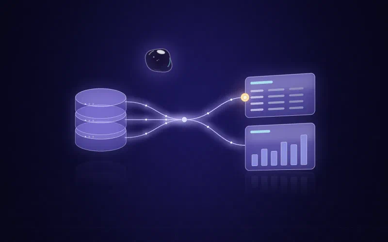 Glowing lines carrying points of light from a stack of glass discs to frosted glass panels, like a data pipeline