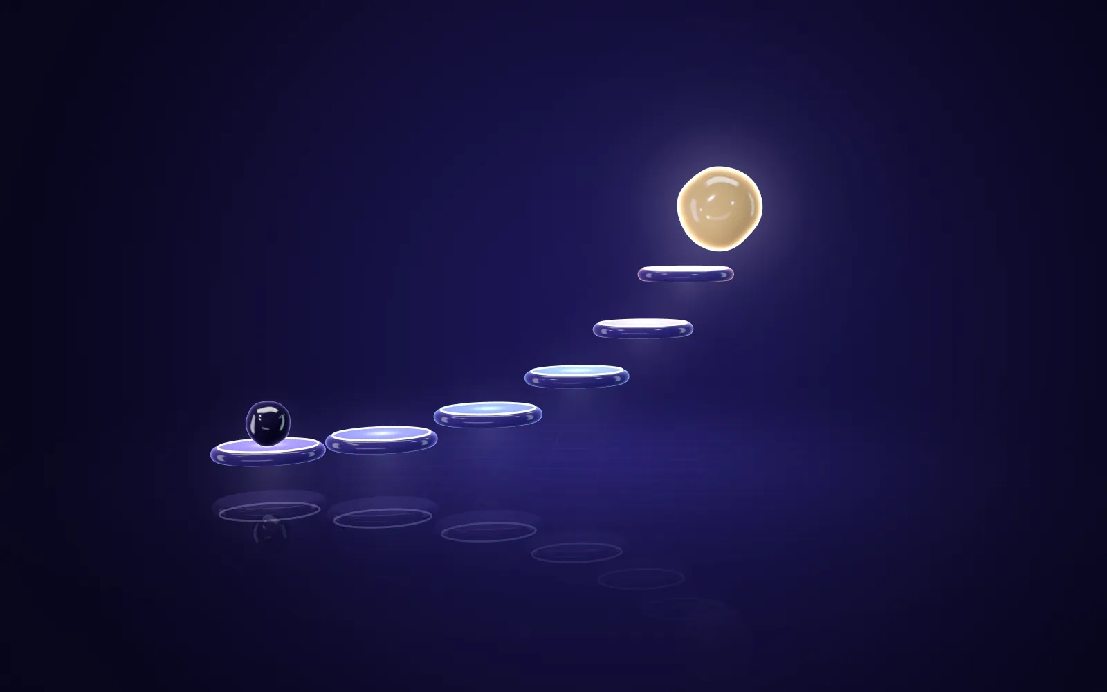 Glass stepping stones curving upwards from a small dark orb to a glowing golden orb
