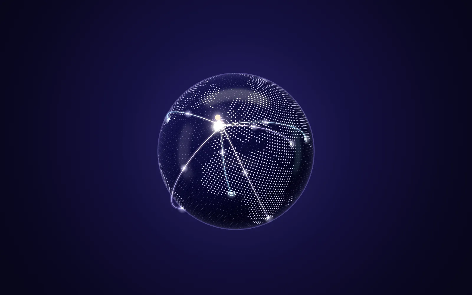 Dark dotted globe with glowing arcs converging on a beacon at London