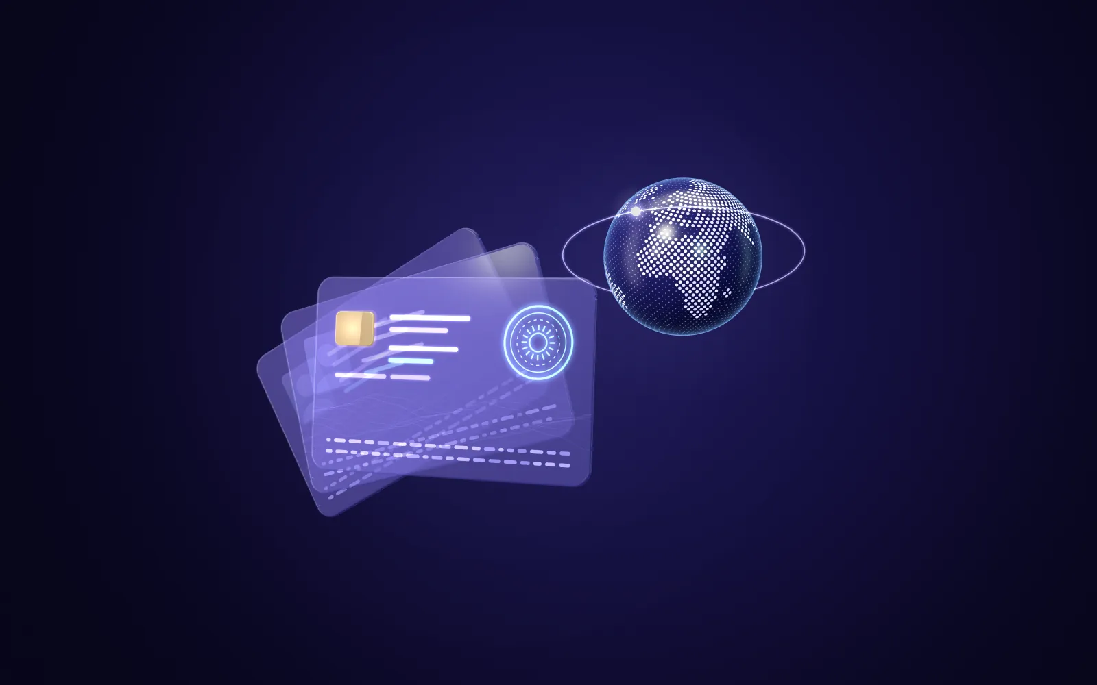 Fan of frosted glass ID cards with a gold chip, a stamp ring and a small globe