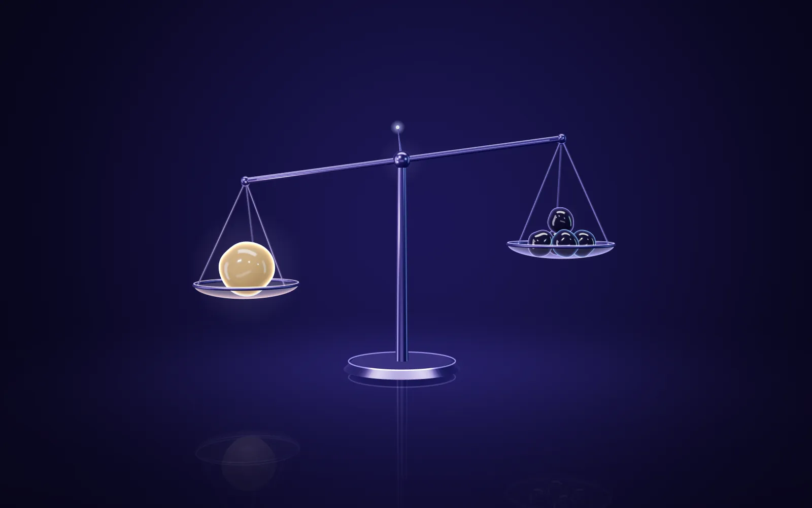 Dark metal balance scale tipped by a golden orb against a pile of small dark orbs