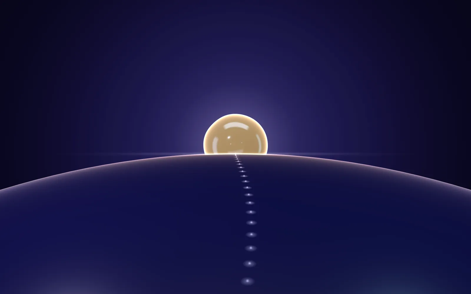 A golden orb rising over a dark curved horizon, with a path of light dots leading to it